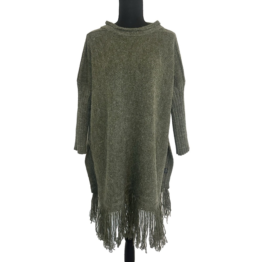 PPLA‎ Clothing Women M/L Haywood Boho Green Sweater Tunic Fringe Slits Lagenlook